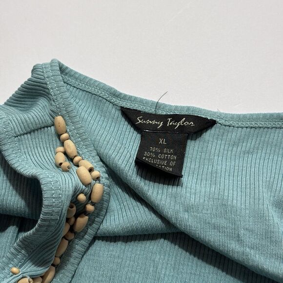 Woman's Sunny Taylor VTG Teal Blue Sleeveless Tank Top w/ Beaded Flowers Size XL - Picture 4 of 5